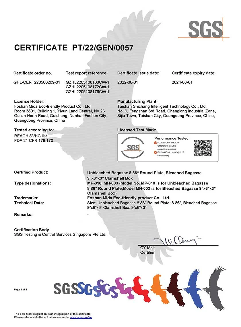 Certificat FDA pour contenants alimentaires